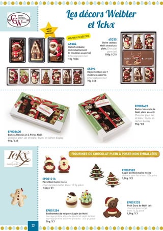 22
Les décors Weibler
et Ickx
EP001254
Bonhomme de neige et Sapin de Noël
fourrage praline et crème vanille et sapin de Noël
fourrage praliné et crème pistache 18,5 gr /pièce
1kg / C1
spécial
panier
gourmand
65504
Relief emballé
individuellement
(3 modèles assortis)
Chocolat plein lait
10g / C36
65493
Réglette Noël de 7
modèles assortis
Chocolat plein lait
70g / C8
65335
Boite cadeau
Noël chocolats
plats.Chocolat
plein lait
100g / C10
EP001216
Père Noël boite mixte
chocolat plein lait et blanc 12,5g pièce
1,5kg / C1
EP001235
Petit Ours de Noël lait
chocolat plein lait et
blanc 12,5g pièce
1,5kg / C1
EP001582
Sapin de Noël boite mixte
chocolat plein lait et noir 12,5g pièce
1,5kg / C1
NOUVEAUX DÉCORS
FIGURINES DE CHOCOLAT PLEIN À POSER NON EMBALLÉES
EP003400
Boite 4 Rennes et 4 Pères Noël
Chocolat plein lait et blanc, fourni en carton display
95g / C15
EP003407
Boite chocolats de
Noël plein assorti
Chocolat plein lait
et blanc, fourni en
carton display
95g / C8
 