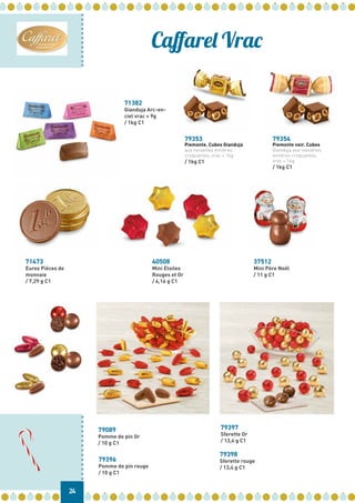 24
Caffarel Vrac
71382
Gianduja Arc-en-
ciel vrac + 9g
/ 1kg C1
71473
Euros Pièces de
monnaie
/ 7,29 g C1
79089
Pomme de pin Or
/ 10 g C1
79396
Pomme de pin rouge
/ 10 g C1
79397
Sferette Or
/ 13,4 g C1
79398
Sferette rouge
/ 13,4 g C1
40508
Mini Etoiles
Rouges et Or
/ 4,16 g C1
37512
Mini Père Noël
/ 11 g C1
79353
Piemonte. Cubes Gianduja
aux noisettes entières
croquantes, vrac + 14g
/ 1kg C1
79354
Piemonte noir. Cubes
Gianduja aux noisettes
entières croquantes,
vrac + 14g
/ 1kg C1
 
