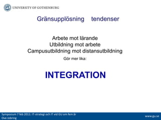 ҰäԲܱöԾԲ    tendenserArbete mot lärandeUtbildning mot arbeteCampusutbildning mot distansutbildningGör mer lika:INTEGRATIONSymposium 7 feb 2011: IT-strategiochITvidGUomfemår Ove Jobringwww.gu.se