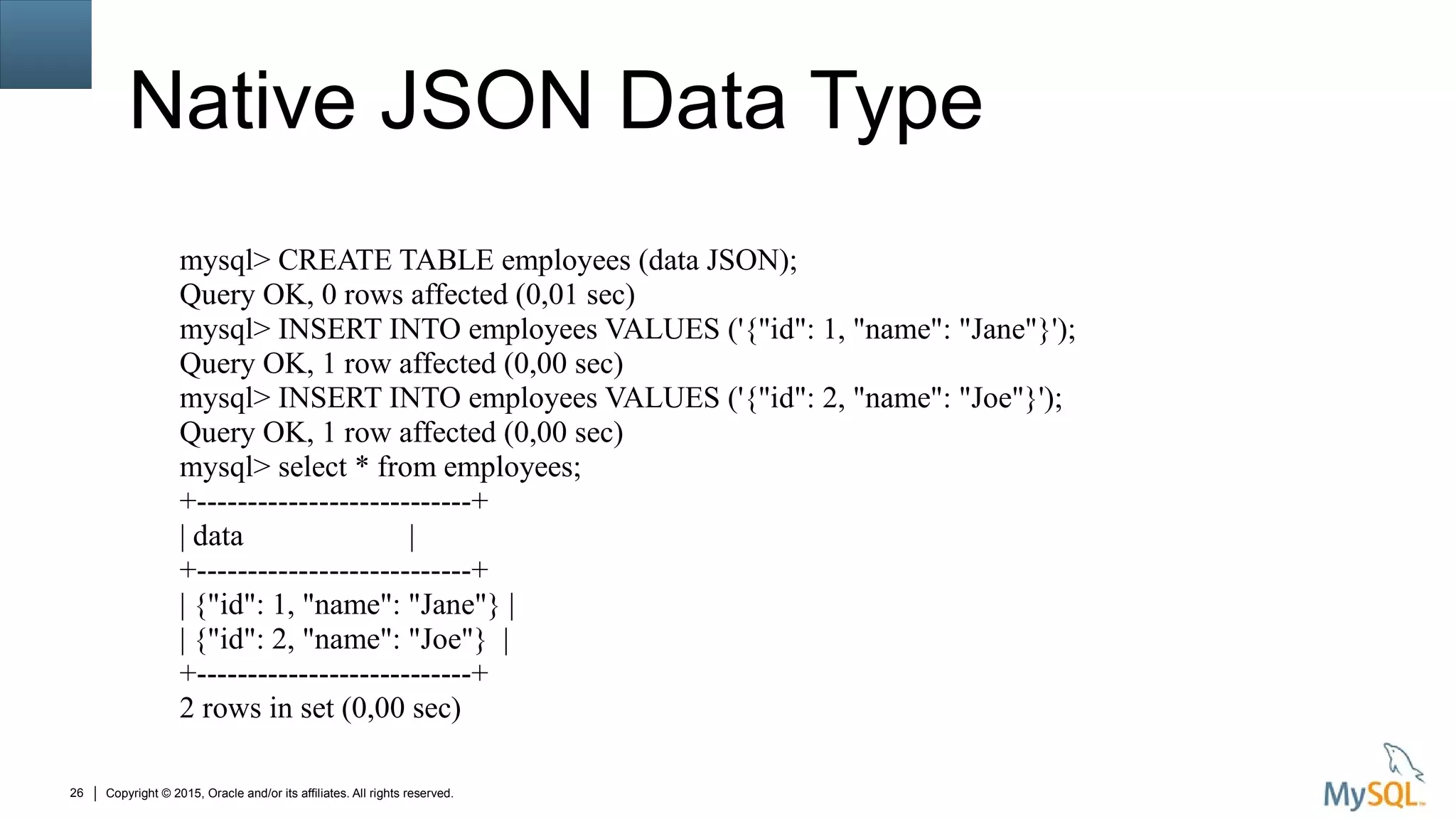 Copyright © 2015, Oracle and/or its affiliates. All rights reserved.26
Native JSON Data Type
mysql> CREATE TABLE employees (data JSON);
Query OK, 0 rows affected (0,01 sec)
mysql> INSERT INTO employees VALUES ('{"id": 1, "name": "Jane"}');
Query OK, 1 row affected (0,00 sec)
mysql> INSERT INTO employees VALUES ('{"id": 2, "name": "Joe"}');
Query OK, 1 row affected (0,00 sec)
mysql> select * from employees;
+---------------------------+
| data |
+---------------------------+
| {"id": 1, "name": "Jane"} |
| {"id": 2, "name": "Joe"} |
+---------------------------+
2 rows in set (0,00 sec)
 