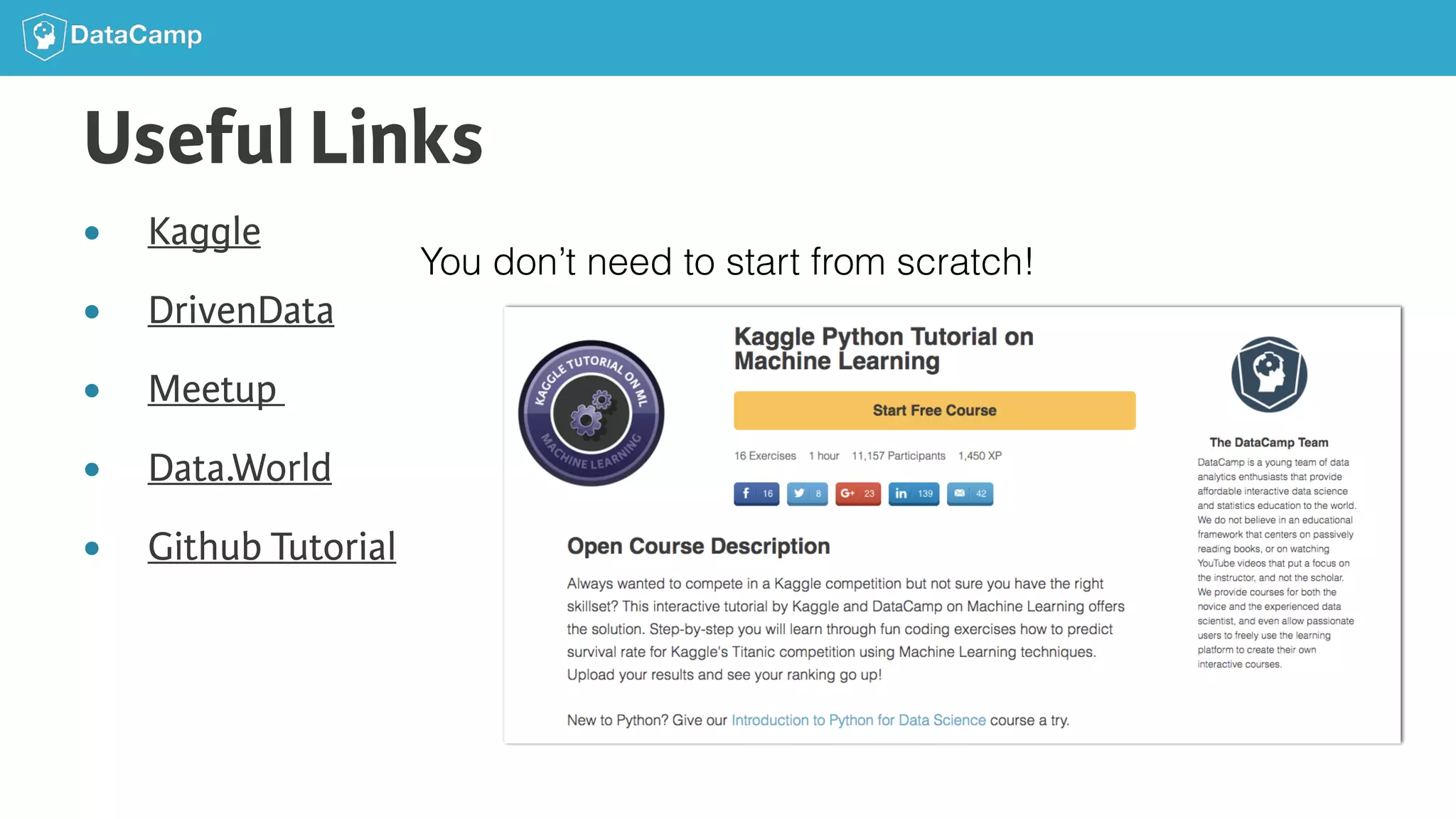 Useful Links ● Kaggle ● DrivenData ● Meetup ● Data.World ● Github Tutorial You don’t need to start from scratch! 