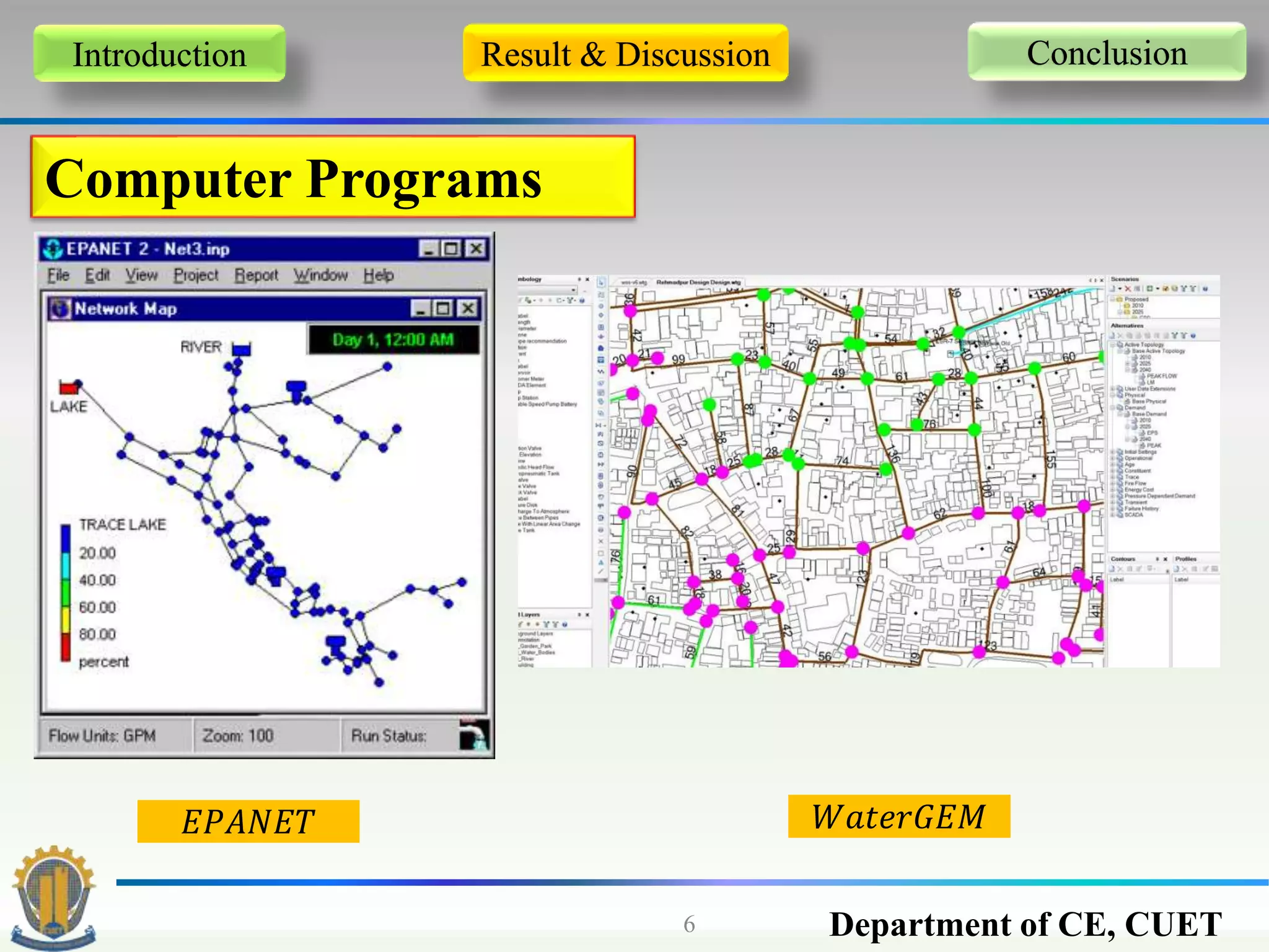 Department of CE, CUET6
Introduction Result & Discussion Conclusion
Computer Programs
𝐸𝑃𝐴𝑁𝐸𝑇 𝑊𝑎𝑡𝑒𝑟𝐺𝐸𝑀
 