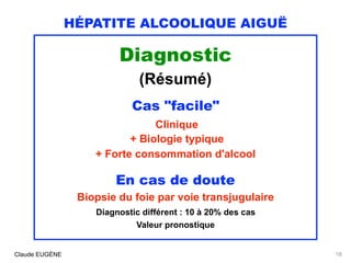 HÉPATITE ALCOOLIQUE AIGUË
Diagnostic 
(Résumé)
Cas "facile"
Clinique
+ Biologie typique 
+ Forte consommation d'alcool 
En...
