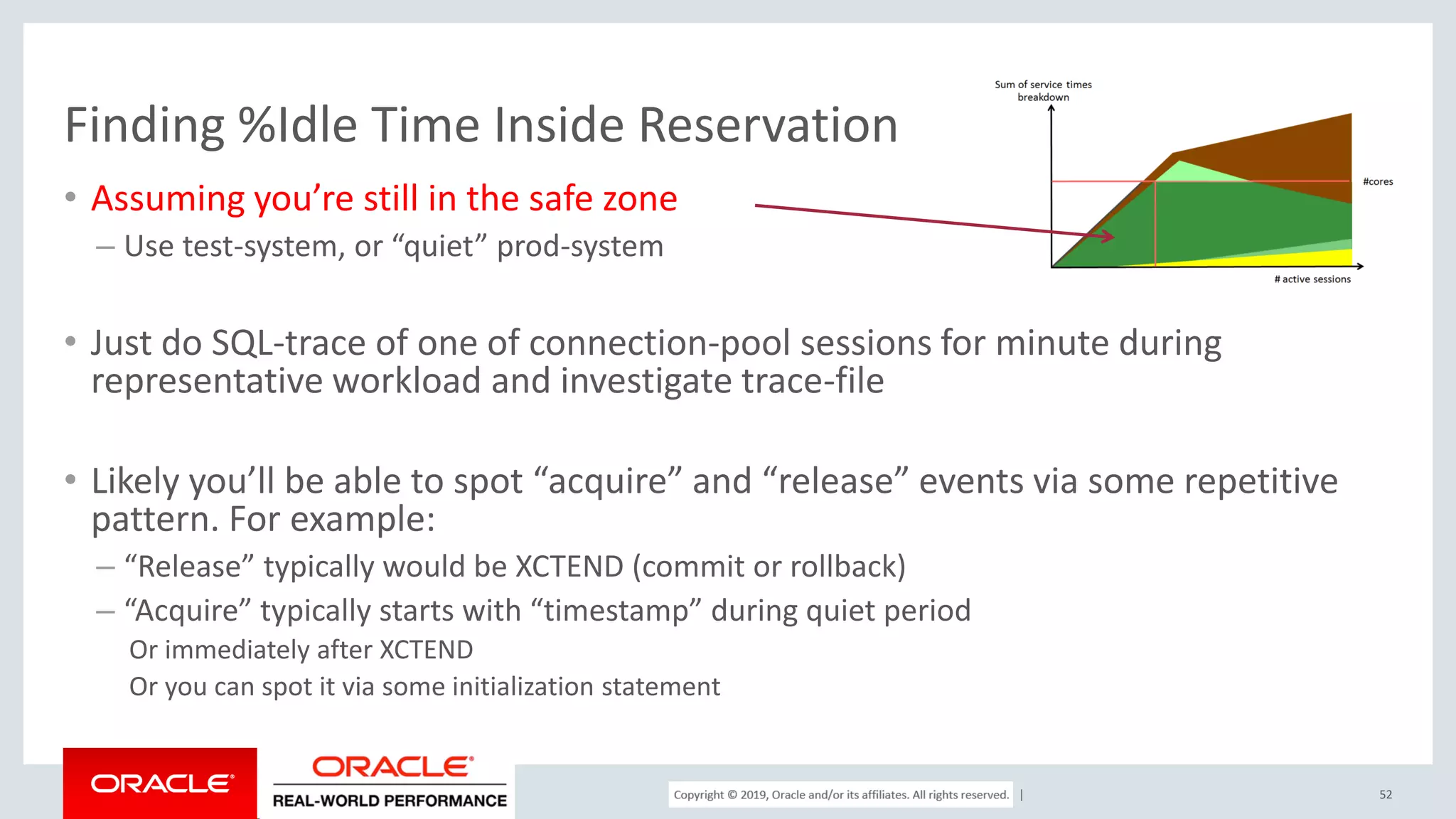 Copyright © 2017, Oracle and/or its affiliates. All rights reserved. | Finding %Idle Time Inside Reservation • Assuming you’re still in the safe zone – Use test-system, or “quiet” prod-system • Just do SQL-trace of one of connection-pool sessions for minute during representative workload and investigate trace-file • Likely you’ll be able to spot “acquire” and “release” events via some repetitive pattern. For example: – “Release” typically would be XCTEND (commit or rollback) – “Acquire” typically starts with “timestamp” during quiet period Or immediately after XCTEND Or you can spot it via some initialization statement 52 