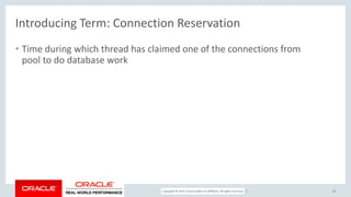 Copyright © 2017, Oracle and/or its affiliates. All rights reserved. |
Introducing Term: Connection Reservation
• Time during which thread has claimed one of the connections from
pool to do database work
10
 