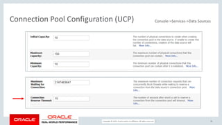 Copyright © 2017, Oracle and/or its affiliates. All rights reserved. |
Connection Pool Configuration (UCP)
28
Console->Services->Data Sources
 