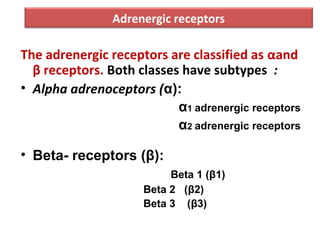 Adrenergic receptors
The adrenergic receptors are classified as αand
β receptors. Both classes have subtypes :
• Alpha adrenoceptors (α):
α1 adrenergic receptors
α2 adrenergic receptors
• Beta- receptors (β):
Beta 1 (β1)
Beta 2 (β2)
Beta 3 (β3)
 