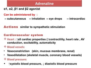 Adrenaline
α1, α2, β1 and β2 agonist
Can be administered by :
-- subcutaneous -- inhalation -- eye drops -- intracardiac
Actions similar to sympathetic stimulation
Cardiovascular system
 Heart : ↑all cardiac properties (↑contractility, heart rate , AV
conduction, excitability, automaticity
 Blood vessels:
• Vasoconstriction (skin, mucous membrane, renal)
• Vasodilatation (skeletal muscle, coronary blood vessels)
 Blood pressure:
• ↑systolic blood pressure, ↓ diastolic blood pressure
 