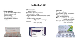 Chlorpropamide
• 1st SU Discontinued dueto long
duration of action and
hypoglycaemia
• Also causes dilutional
hyponatraemia, cholestatic
jaundice
Individual SU
Glibenclamide
• T1/2:2-4 hours
• D uration of action: 24 hours
• Potent but slow acting
• Active metabolite and sequestration in beta
cells
• Dose — initially 5mg daily
—Adjust dose according to
response
—max 15mg/day
Gliclazid
• T ½: 8-20 hours
• Duration of action: 12-24 hours
• Inactive metabolites
• Has antiplatelet action
• Dose — Initially 40-80 mg/day
—Adjust according to
dose upto 160mg as single dose
—max 320mg/day
 