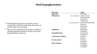 • Oral hypoglycemic drugs are primarily used to
manage type 2 diabetes, particularly when diet and
exercise alone are not enough.
• They are also sometimes used for other conditions,
including gestational diabetes, PCOS, and ovarian
hyperstimulation syndrome.
Oral hypoglycemics
 