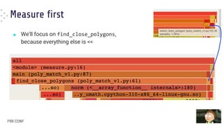 Measure first
■ We’ll focus on find_close_polygons,
because everything else is <<
 
