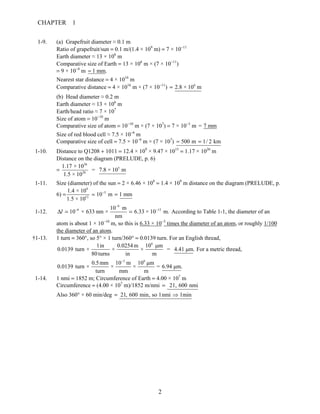 CHAPTER 1
2
1-9. (a) Grapefruit diameter ≈ 0.1 m
Ratio of grapefruit/sun = 0.1 m/(1.4 × 109
m) = 7 × 10−11
Earth diameter ≈ 13 × 106
m
Comparative size of Earth = 13 × 106
m × (7 × 10−11
)
= 9 × 10−4
m 1 mm.≈
Nearest star distance = 4 × 1016
m
Comparative distance = 4 × 1016
m × (7 × 10−11
) 6
2.8 × 10 m=
(b) Head diameter ≈ 0.2 m
Earth diameter ≈ 13 × 106
m
Earth/head ratio ≈ 7 × 107
Size of atom = 10−10
m
Comparative size of atom = 10−10
m × (7 × 107
) = 7 × 10−3
m = 7 mm
Size of red blood cell ≈ 7.5 × 10−6
m
Comparative size of cell = 7.5 × 10−6
m × (7 × 107
) 500 m 1/ 2 km≈ =
1-10. Distance to Q1208 + 1011 = 12.4 × 109
× 9.47 × 1015
= 1.17 × 1026
m
Distance on the diagram (PRELUDE, p. 6)
=
26
5
20
1.17 × 10
= 7.8 × 10 m
1.5 × 10
1-11. Size (diameter) of the sun = 2 × 6.46 × 108
= 1.4 × 109
m distance on the diagram (PRELUDE, p.
6) =
9
3
12
1.4 × 10
10 m 1 mm
1.5 × 10
−
=
1-12.
9
6 1310 m
10 × 633 nm × 6.33 × 10 m.
nm
l
−
− −
∆ = = According to Table 1-1, the diameter of an
atom is about 1 × 10−10
m, so this is 6.33 × 10−3
times the diameter of an atom, or roughly 1/100
the diameter of an atom.
†1-13. 1 turn = 360°, so 5° × 1 turn/360° = 0.0139 turn. For an English thread,
6
1in 0.0254m 10 µm
0.0139 turn × × × = 4.41 µm.
80 turns in m
For a metric thread,
3 6
0.5mm 10 m 10 µm
0.0139 turn × × × = 6.94 µm.
turn mm m
−
1-14. 1 nmi = 1852 m; Circumference of Earth = 4.00 × 107
m
Circumference = (4.00 × 107
m)/1852 m/nmi 21, 600 nmi=
Also 360° × 60 min/deg 21, 600 min, so 1nmi 1min= ⇒
 