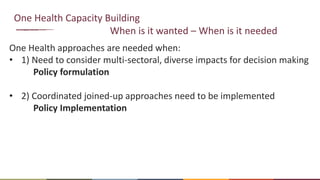 One Health approaches are needed when:
• 1) Need to consider multi-sectoral, diverse impacts for decision making
Policy formulation
• 2) Coordinated joined-up approaches need to be implemented
Policy Implementation
One Health Capacity Building
When is it wanted – When is it needed
 