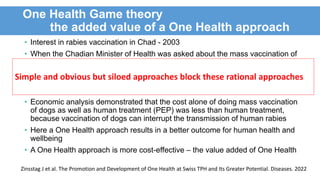 One Health Game theory
the added value of a One Health approach
• Interest in rabies vaccination in Chad - 2003
• When the Chadian Minister of Health was asked about the mass vaccination of
dogs to eliminate human rabies, he replied that he was responsible for the
people and not for the dogs
• Asked about the same issue, the Minister of Animal Production replied that his
priority was cattle and not dogs
• Economic analysis demonstrated that the cost alone of doing mass vaccination
of dogs as well as human treatment (PEP) was less than human treatment,
because vaccination of dogs can interrupt the transmission of human rabies
• Here a One Health approach results in a better outcome for human health and
wellbeing
• A One Health approach is more cost-effective – the value added of One Health
Zinsstag J et al. The Promotion and Development of One Health at Swiss TPH and Its Greater Potential. Diseases. 2022
Simple and obvious but siloed approaches block these rational approaches
 