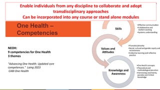 14
One Health –
Competencies
NEOH:
9 competencies for One Health
3 themes
"Advancing One Health: Updated core
competences." Laing 2023
CABI One Health
Approaches for One Health capacity building
Enable individuals from any discipline to collaborate and adopt
transdisciplinary approaches
Can be incorporated into any course or stand alone modules
 