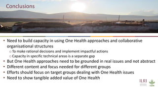20
• Need to build capacity in using One Health approaches and collaborative
organisational structures
oTo make rational decisions and implement impactful actions
oCapacity in specific technical areas is a separate gap
• But One Health approaches need to be grounded in real issues and not abstract
• Different content and focus needed for different groups
• Efforts should focus on target groups dealing with One Health issues
• Need to show tangible added value of One Health
Conclusions
 