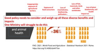 Impacts on
human,
environment
and animal
health
FAO. 2021. World Food and Agriculture - Statistical Yearbook 2021. Rome.
https://doi.org/10.4060/cb4477en
Inappropriate
exposure of
agricultural
workers
Exposure of
food consumers
Loss of
invertebrates,
biodiversity,
pollinators… Impact on
aquatic species
Loss of plant
biodiversity, soil
health
Loss of fish,
mammals, birds
and other
vertebrates
MISUSE
Good policy needs to consider and weigh up all these diverse benefits and
impacts
One Ministry will struggle to do this
 