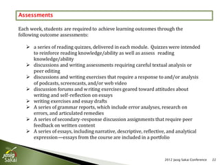 Assessments

Each week, students are required to achieve learning outcomes through the
following outcome assessments:

    a series of reading quizzes, delivered in each module. Quizzes were intended
     to reinforce reading knowledge/ability as well as assess reading
     knowledge/ability
    discussions and writing assessments requiring careful textual analysis or
     peer editing
    discussions and writing exercises that require a response to and/or analysis
     of podcasts, screencasts, and/or web video
    discussion forums and w riting exercises geared toward attitudes about
     writing and self-reflection on essays
    writing exercises and essay drafts
    A series of grammar reports, which include error analyses, research on
     errors, and articulated remedies
    A series of secondary -response discussion assignments that require peer
     feedback on written content
    A series of essays, including narrative, descriptive, reflective, and analytical
     expression—essays from the course are included in a portfolio



                                                                    2012 Jasig Sakai Conference   22
 