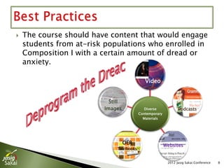    The course should have content that would engage
    students from at-risk populations who enrolled in
    Composition I with a certain amount of dread or
    anxiety.

                                             Video


                           Still
                         Images              Diverse            Podcasts
                                          Contemporary
                                            Materials




                                   OER
                                                         Websites
                              Textbooks


                                                          2012 Jasig Sakai Conference   8
 
