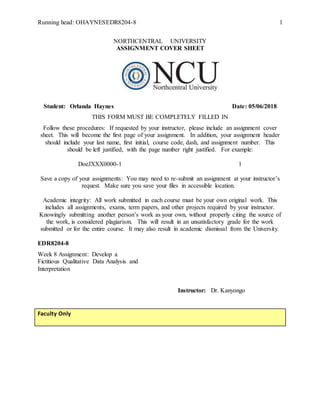 Running head: OHAYNESEDR8204-8 1
NORTHCENTRAL UNIVERSITY
ASSIGNMENT COVER SHEET
Student: Orlanda Haynes Date: 05/06/2018
THIS FORM MUST BE COMPLETELY FILLED IN
Follow these procedures: If requested by your instructor, please include an assignment cover
sheet. This will become the first page of your assignment. In addition, your assignment header
should include your last name, first initial, course code, dash, and assignment number. This
should be left justified, with the page number right justified. For example:
DoeJXXX0000-1 1
Save a copy of your assignments: You may need to re-submit an assignment at your instructor’s
request. Make sure you save your files in accessible location.
Academic integrity: All work submitted in each course must be your own original work. This
includes all assignments, exams, term papers, and other projects required by your instructor.
Knowingly submitting another person’s work as your own, without properly citing the source of
the work, is considered plagiarism. This will result in an unsatisfactory grade for the work
submitted or for the entire course. It may also result in academic dismissal from the University.
EDR8204-8
Week 8 Assignment: Develop a
Fictitious Qualitative Data Analysis and
Interpretation
Instructor: Dr. Kanyongo
Faculty Only
 