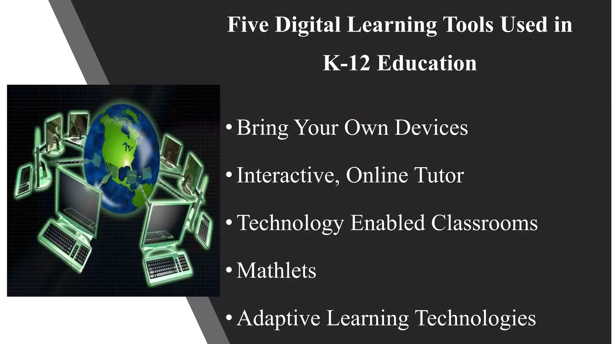 Five Digital Learning Tools Used in
K-12 Education
•Bring Your Own Devices
•Interactive, Online Tutor
•Technology Enabled Classrooms
•Mathlets
•Adaptive Learning Technologies
 