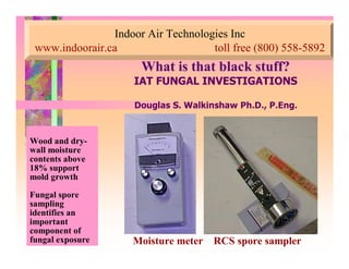 Indoor Air Technologies Inc
www.indoorair.ca toll free (800) 558-5892
What is that black stuff?What is that black stuff?
,$7)81*$/,19(67,*$7,216
'RXJODV 6 :DONLQVKDZ 3K' 3(QJ
Wood and dry-
wall moisture
contents above
18% support
mold growth
Fungal spore
sampling
identifies an
important
component of
fungal exposure Moisture meter RCS spore sampler
 