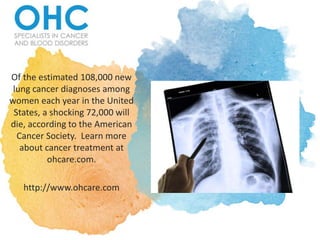 Of the estimated 108,000 new
lung cancer diagnoses among
women each year in the United
States, a shocking 72,000 will
die, according to the American
Cancer Society. Learn more
about cancer treatment at
ohcare.com.
http://www.ohcare.com
 