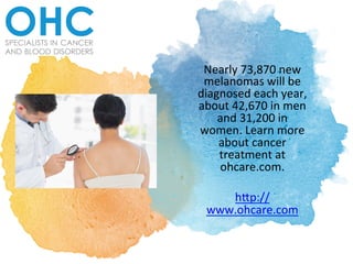 Nearly	73,870	new	
melanomas	will	be	
diagnosed	each	year,	
about	42,670	in	men	
and	31,200	in	
women.	Learn	more	
about	cancer	
treatment	at	
ohcare.com.		
	
h@p://
www.ohcare.com	
 