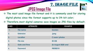 7. Image file
JPEG Image File
❖ The most used image file format and it is commonly used for storing
digital photos since t...