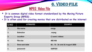 6. Video file
MPEG Video File
▪ It is common digital video format standardized by the Moving Picture
Experts Group (MPEG) ...