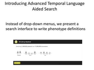 Introducing Advanced Temporal Language
Aided Search
Instead of drop-down menus, we present a
search interface to write phenotype definitions
 