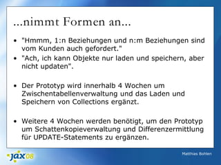 Matthias Bohlen
...nimmt Formen an...
• "Hmmm, 1:n Beziehungen und n:m Beziehungen sind
vom Kunden auch gefordert."
• "Ach, ich kann Objekte nur laden und speichern, aber
nicht updaten".
• Der Prototyp wird innerhalb 4 Wochen um
Zwischentabellenverwaltung und das Laden und
Speichern von Collections ergänzt.
• Weitere 4 Wochen werden benötigt, um den Prototyp
um Schattenkopieverwaltung und Differenzermittlung
für UPDATE-Statements zu ergänzen.
 