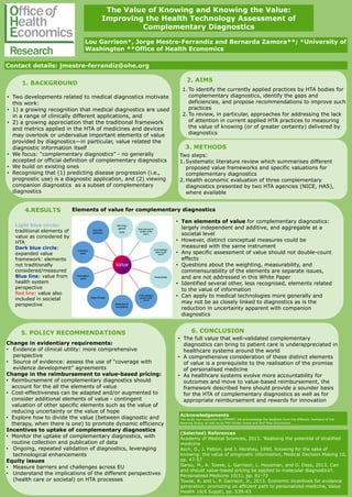 The Value of Knowing and Knowing the Value:
Improving the Health Technology Assessment of
Complementary Diagnostics
Lou Garrison*, Jorge Mestre-Ferrandiz and Bernarda Zamora**; *University of
Washington **Office of Health Economics
Contact details: jmestre-ferrandiz@ohe.org
1. BACKGROUND
• Two developments related to medical diagnostics motivate
this work:
• 1) a growing recognition that medical diagnostics are used
in a range of clinically different applications, and
• 2) a growing appreciation that the traditional framework
and metrics applied in the HTA of medicines and devices
may overlook or undervalue important elements of value
provided by diagnostics—in particular, value related the
diagnostic information itself
• We focus: “complementary diagnostics” - no generally
accepted or official definition of complementary diagnostics
• We build on existing ones
• Recognising that (1) predicting disease progression (i.e.,
prognostic use) is a diagnostic application, and (2) viewing
companion diagnostics as a subset of complementary
diagnostics
Acknowledgements
The study was supported by EPEMED. We acknowledge the feedback from the different members of the
Steering Group, as well as by Prof Adrian Towse and Prof Mike Drummond.
(Selected) References
Academy of Medical Sciences, 2013. 'Realising the potential of stratified
medicine
Asch, D., J. Patton, and J. Hershey, 1990. Knowing for the sake of
knowing: the value of prognostic information, Medical Decision Making 10,
pp. 47-57
Garau, M., A. Towse, L. Garrison, L. Housman, and D. Ossa, 2013. Can
and should value-based pricing be applied to molecular diagnostics?,
Personalized Medicine 10(1), pp. 61-72
Towse, A. and L. P. Garrison, Jr., 2013. Economic incentives for evidence
generation: promoting an efficient path to personalized medicine, Value
Health 16(6 Suppl), pp. S39-43
2. AIMS
1. To identify the currently applied practices by HTA bodies for
complementary diagnostics, identify the gaps and
deficiencies, and propose recommendations to improve such
practices
2. To review, in particular, approaches for addressing the lack
of attention in current applied HTA practices to measuring
the value of knowing (or of greater certainty) delivered by
diagnostics
3. METHODS
Two steps:
1. Systematic literature review which summarises different
proposed value frameworks and specific valuations for
complementary diagnostics
2. Health economic evaluation of three complementary
diagnostics presented by two HTA agencies (NICE, HAS),
where available
4.RESULTS
5. POLICY RECOMMENDATIONS
Change in evidentiary requirements:
• Evidence of clinical utility: more comprehensive
perspective
• Source of evidence: assess the use of “coverage with
evidence development” agreements
Change in the reimbursement to value-based pricing:
• Reimbursement of complementary diagnostics should
account for the all the elements of value
• Cost-effectiveness can be adapted and/or augmented to
consider additional elements of value - contingent
valuation of other specific elements such as the value of
reducing uncertainty or the value of hope
• Explore how to divide the value (between diagnostic and
therapy, when there is one) to promote dynamic efficiency
Incentives to uptake of complementary diagnostics
• Monitor the uptake of complementary diagnostics, with
routine collection and publication of data
• Ongoing, repeated validation of diagnostics, leveraging
technological enhancements
Equity issues
• Measure barriers and challenges across EU
• Understand the implications of the different perspectives
(health care or societal) on HTA processes
6. CONCLUSION
• The full value that well-validated complementary
diagnostics can bring to patient care is underappreciated in
healthcare systems around the world
• A comprehensive consideration of these distinct elements
of value is a prerequisite to the realisation of the promise
of personalised medicine
• As healthcare systems evolve more accountability for
outcomes and move to value-based reimbursement, the
framework described here should provide a sounder basis
for the HTA of complementary diagnostics as well as for
appropriate reimbursement and rewards for innovation
Elements of value for complementary diagnostics
Light blue circle:
traditional elements of
value as considered by
HTA
Dark blue circle:
expanded value
framework: elements
not traditionally
considered/measured
Blue line: value from
health system
perspective
Red line: value also
included in societal
perspective
• Ten elements of value for complementary diagnostics:
largely independent and additive, and aggregable at a
societal level
• However, distinct conceptual measures could be
measured with the same instrument
• Any specific assessment of value should not double-count
effects
• Questions about the weighting, measurability, and
commensurability of the elements are separate issues,
and are not addressed in this White Paper
• Identified several other, less recognised, elements related
to the value of information
• Can apply to medical technologies more generally and
may not be as closely linked to diagnostics as is the
reduction in uncertainty apparent with companion
diagnostics
 