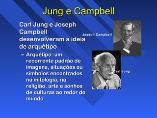 Jung e CampbellJung e Campbell
Carl Jung e JosephCarl Jung e Joseph
CampbellCampbell
desenvolveram a ideiadesenvolveram a ideia
de arquétipode arquétipo
– Arquétipo: umArquétipo: um
recorrente padrão derecorrente padrão de
imagens, situações ouimagens, situações ou
símbolos encontradossímbolos encontrados
na mitologia, nana mitologia, na
religião, arte e sonhosreligião, arte e sonhos
de culturas ao redor dode culturas ao redor do
mundomundo
Joseph CampbellJoseph Campbell
Carl JungCarl Jung
 