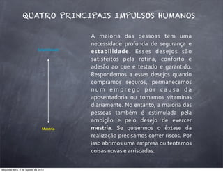 Estabilidade
Mestria
QUATRO PRINCIPAIS IMPULSOS HUMANOS
A	
   maioria	
   das	
   pessoas	
   tem	
   uma	
  
necessidade	
   profunda	
   de	
   segurança	
   e	
  
estabilidade.	
   Esses	
   desejos	
   são	
  
satisfeitos	
   pela	
   rotina,	
   conforto	
   e	
  
adesão	
   ao	
   que	
   é	
   testado	
   e	
   garantido.	
  
Respondemos	
   a	
   esses	
   desejos	
   quando	
  
compramos	
   seguros,	
   permanecemos	
  
n u m	
   e m p r e g o	
   p o r	
   c a u s a	
   d a	
  
aposentadoria	
   ou	
   tomamos	
   vitaminas	
  
diariamente.	
  No	
  entanto,	
  a	
  maioria	
  das	
  
pessoas	
   também	
   é	
   estimulada	
   pela	
  
ambição	
   e	
   pelo	
   desejo	
   de	
   exercer	
  
mestria.	
   Se	
   quisermos	
   o	
   êxtase	
   da	
  
realização	
  precisamos	
  correr	
  riscos.	
  Por	
  
isso	
  abrimos	
  uma	
  empresa	
  ou	
  tentamos	
  
coisas	
  novas	
  e	
  arriscadas.
segunda-feira, 6 de agosto de 2012
 