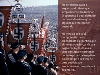 No	
  nível	
  mais	
  baixo	
  o	
  
arquétipo	
  do	
  Herói	
  quer	
  
simplesmente	
  predominar.	
  
O	
  oponente	
  é	
  desvalorizado	
  
como	
  sendo	
  o	
  inimigo	
  ou	
  
alguém	
  que	
  merece	
  ser	
  
destruído.

Na	
  medida	
  que	
  você	
  
compreende	
  mais	
  
plenamente	
  o	
  arquétipo	
  que	
  
alimenta	
  os	
  esforços	
  da	
  sua	
  
organização,	
  tanto	
  mais	
  
você	
  consegue	
  se	
  proteger	
  
contra	
  o	
  potencial	
  negativo	
  
do	
  arquétipo	
  e	
  se	
  livrar	
  de	
  
uma	
  publicidade	
  
embaraçosa	
  ou	
  prejudicial	
  à	
  
sua	
  marca.
 