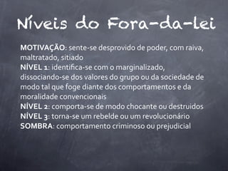 Níveis do Fora-da-lei
MOTIVAÇÃO:	
  sente-­‐se	
  desprovido	
  de	
  poder,	
  com	
  raiva,	
  
maltratado,	
  sitiado
NÍVEL	
  1:	
  identiﬁca-­‐se	
  com	
  o	
  marginalizado,	
  
dissociando-­‐se	
  dos	
  valores	
  do	
  grupo	
  ou	
  da	
  sociedade	
  de	
  
modo	
  tal	
  que	
  foge	
  diante	
  dos	
  comportamentos	
  e	
  da	
  
moralidade	
  convencionais
NÍVEL	
  2:	
  comporta-­‐se	
  de	
  modo	
  chocante	
  ou	
  destruidos
NÍVEL	
  3:	
  torna-­‐se	
  um	
  rebelde	
  ou	
  um	
  revolucionário
SOMBRA:	
  comportamento	
  criminoso	
  ou	
  prejudicial
 