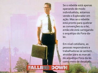 Se	
  o	
  rebelde	
  está	
  apenas	
  
operando	
  de	
  modo	
  
individualista,	
  estamos	
  
vendo	
  o	
  Explorador	
  em	
  
ação.	
  Mas	
  se	
  o	
  rebelde	
  
está	
  pronto	
  para	
  quebrar	
  
as	
  convenções	
  ou	
  a	
  lei,	
  
então	
  ele	
  está	
  carregando	
  
o	
  arquétipo	
  do	
  Fora-­‐da-­‐
lei.

Em	
  nível	
  cotidiano,	
  as	
  
pessoas	
  responsáveis	
  e	
  
trabalhadoras	
  se	
  sentem	
  
atraídas	
  para	
  as	
  marcas	
  
do	
  arquétipo	
  Fora-­‐da-­‐lei	
  
como	
  meio	
  de	
  desabafo.
 