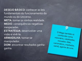 DESEJO	
  BÁSICO:	
  conhecer	
  as	
  leis	
  
fundamentais	
  do	
  funcionamento	
  do	
  
mundo	
  ou	
  do	
  Universo.
META:	
  tornar	
  os	
  sonhos	
  realidade.
MEDO:	
  consequências	
  negativas	
  
inesperadas.
ESTRATÉGIA:	
  desenvolver	
  uma	
                   O	
  Mago	
  t
                                                                     ambém	
  é
visão	
  e	
  vivê-­‐la.                               conhecid                        	
  
                                                                      o	
  como	
  
ARMADILHA:	
  tornar-­‐se	
                        visionário
                                                               ,	
  catalisad
                                                       inovador                      or,	
  
manipulador.                                      carismáti
                                                                     ,	
  líder,	
  
DOM:	
  encontrar	
  resultados	
  ganha-­‐                   co,	
  media
                                                  xamã,	
  ag                   dor,	
  
                                                             ente	
  de	
  c
ganha.                                                                        ura.
 