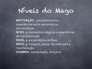 Níveis do Mago
MOTIVAÇÃO	
  :	
  pressentimentos,	
  
experiências	
  extra-­‐sensoriais	
  ou	
  
sincronísticas
NÍVEL	
  1:	
  momentos	
  mágicos	
  e	
  experiências	
  
de	
  transformação
NÍVEL	
  2:	
  a	
  experiência	
  de	
  ﬂuxo
NÍVEL	
  3:	
  milagres,	
  passar	
  da	
  visão	
  para	
  a	
  
manifestação
SOMBRA:	
  manipulação,	
  feitiçaria
 