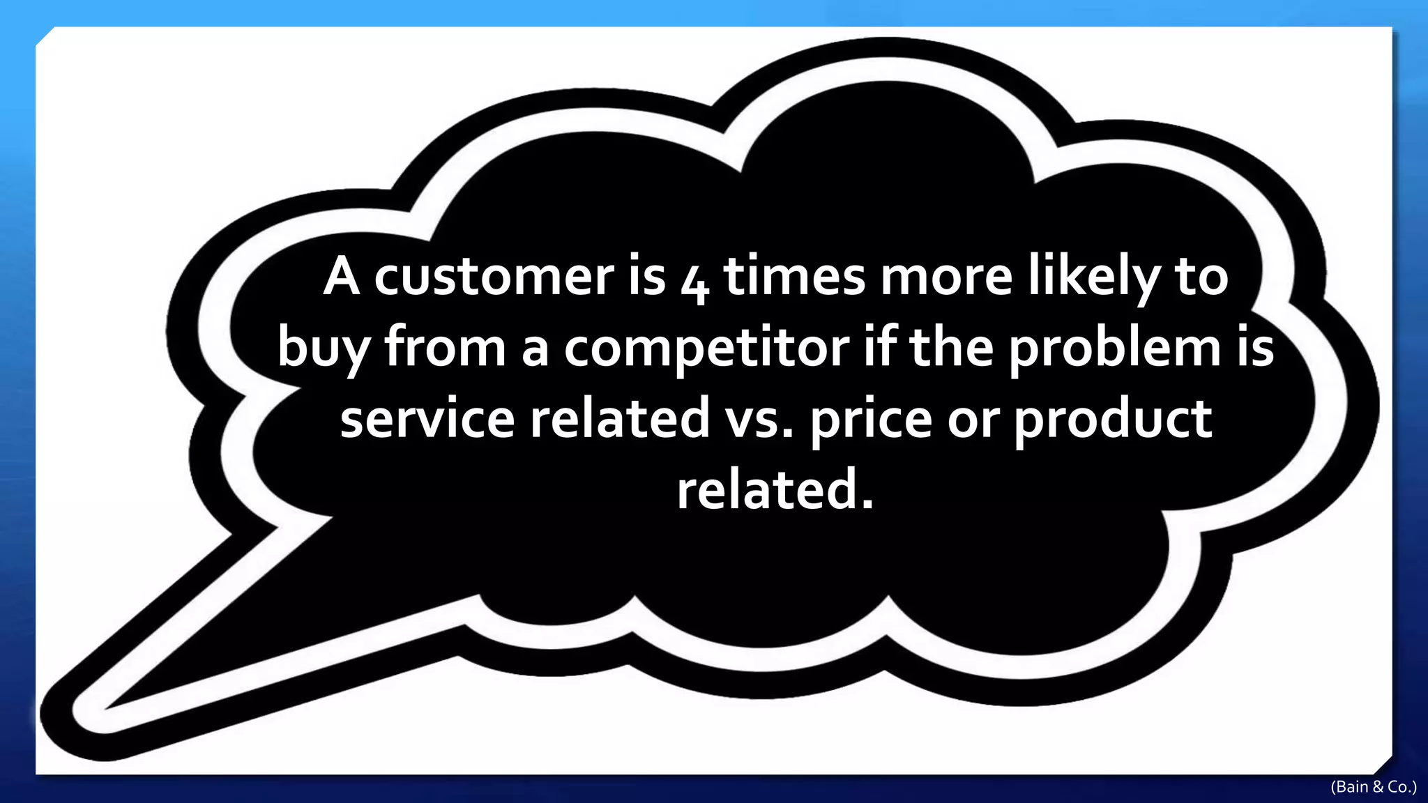 A customer is 4 times more likely to
buy from a competitor if the problem is
service related vs. price or product
related.
(Bain & Co.)
 