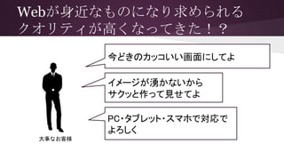 Webが身近なものになり求められる
クオリティが高くなってきた！？
今どきのカッコいい画面にしてよ
イメージが湧かないから
サクッと作って見せてよ
PC・タブレット・スマホで対応で
よろしく
大事なお客様
 