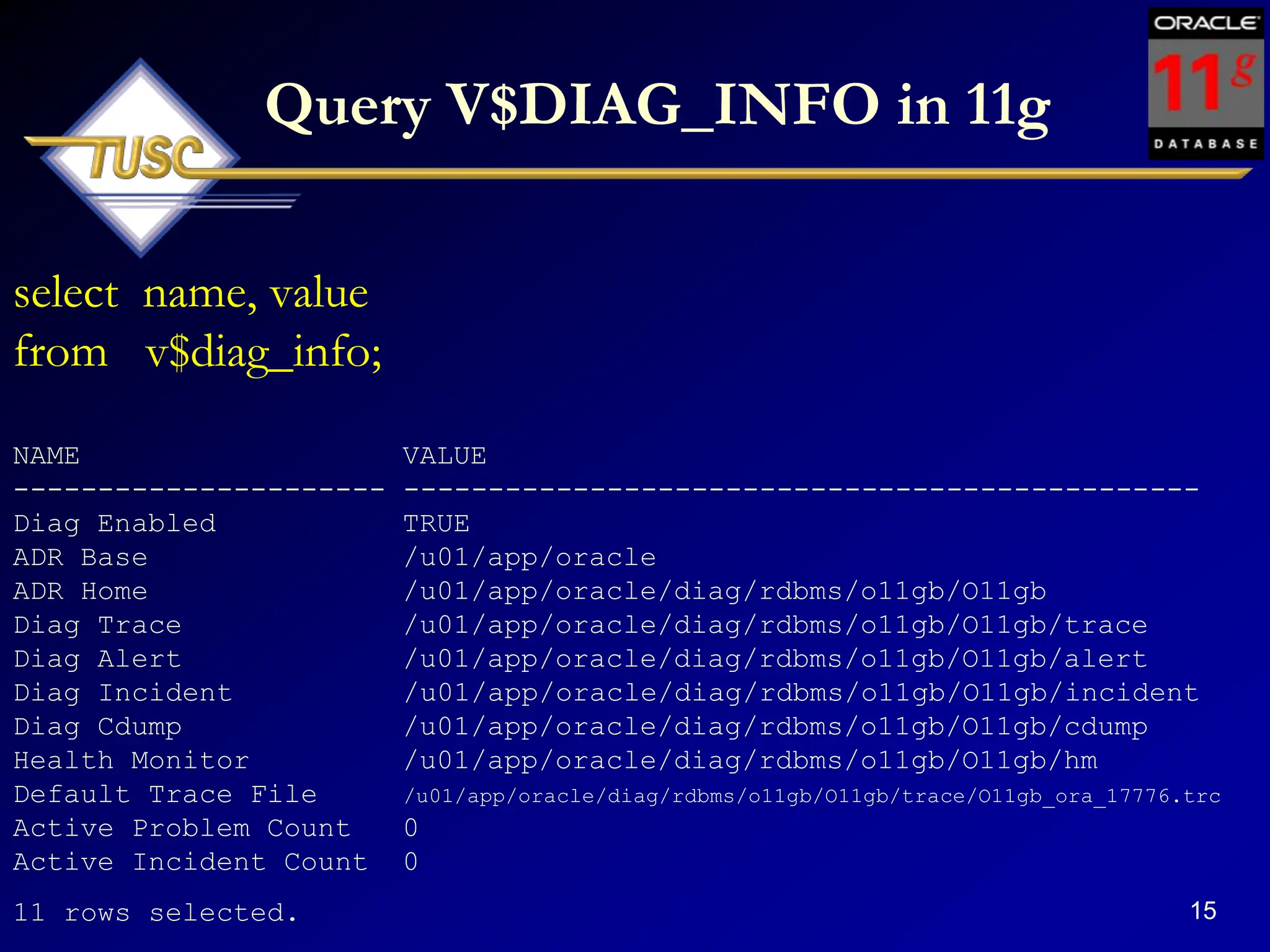 15
Query V$DIAG_INFO in 11g
select name, value
from v$diag_info;
NAME VALUE
---------------------- -----------------------------------------------
Diag Enabled TRUE
ADR Base /u01/app/oracle
ADR Home /u01/app/oracle/diag/rdbms/o11gb/O11gb
Diag Trace /u01/app/oracle/diag/rdbms/o11gb/O11gb/trace
Diag Alert /u01/app/oracle/diag/rdbms/o11gb/O11gb/alert
Diag Incident /u01/app/oracle/diag/rdbms/o11gb/O11gb/incident
Diag Cdump /u01/app/oracle/diag/rdbms/o11gb/O11gb/cdump
Health Monitor /u01/app/oracle/diag/rdbms/o11gb/O11gb/hm
Default Trace File /u01/app/oracle/diag/rdbms/o11gb/O11gb/trace/O11gb_ora_17776.trc
Active Problem Count 0
Active Incident Count 0
11 rows selected.
 