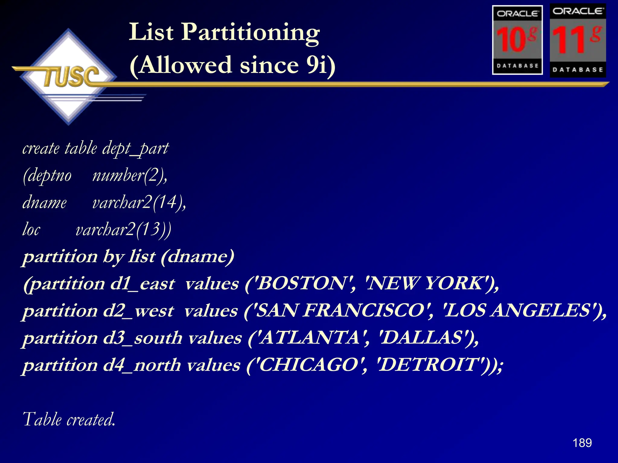 189
List Partitioning
(Allowed since 9i)
create table dept_part
(deptno number(2),
dname varchar2(14),
loc varchar2(13))
partition by list (dname)
(partition d1_east values ('BOSTON', 'NEW YORK'),
partition d2_west values ('SAN FRANCISCO', 'LOS ANGELES'),
partition d3_south values ('ATLANTA', 'DALLAS'),
partition d4_north values ('CHICAGO', 'DETROIT'));
Table created.
 