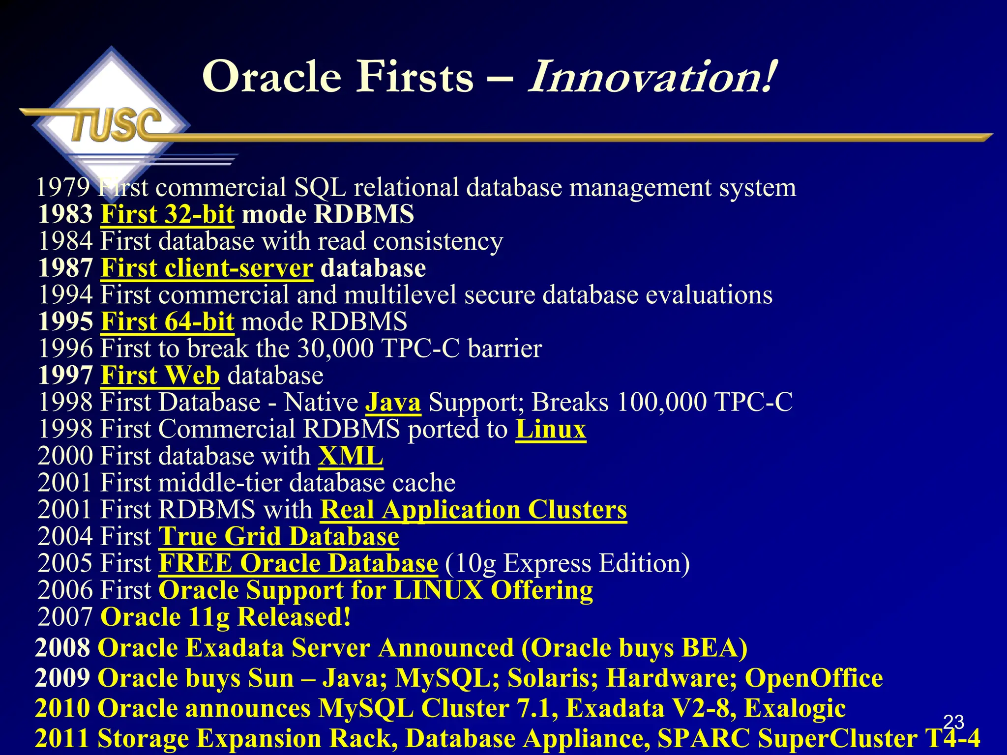 23
Oracle Firsts – Innovation!
1979 First commercial SQL relational database management system
1983 First 32-bit mode RDBMS
1984 First database with read consistency
1987 First client-server database
1994 First commercial and multilevel secure database evaluations
1995 First 64-bit mode RDBMS
1996 First to break the 30,000 TPC-C barrier
1997 First Web database
1998 First Database - Native Java Support; Breaks 100,000 TPC-C
1998 First Commercial RDBMS ported to Linux
2000 First database with XML
2001 First middle-tier database cache
2001 First RDBMS with Real Application Clusters
2004 First True Grid Database
2005 First FREE Oracle Database (10g Express Edition)
2006 First Oracle Support for LINUX Offering
2007 Oracle 11g Released!
2008 Oracle Exadata Server Announced (Oracle buys BEA)
2009 Oracle buys Sun – Java; MySQL; Solaris; Hardware; OpenOffice
2010 Oracle announces MySQL Cluster 7.1, Exadata V2-8, Exalogic
2011 Storage Expansion Rack, Database Appliance, SPARC SuperCluster T4-4
 
