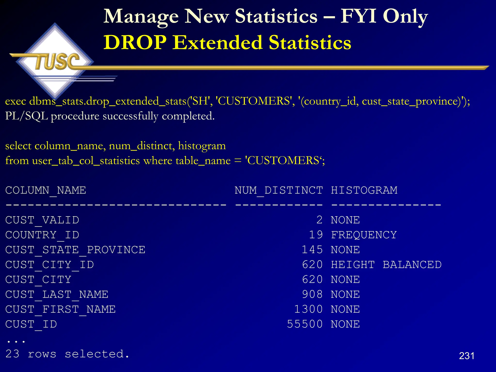 231
Manage New Statistics – FYI Only
DROP Extended Statistics
exec dbms_stats.drop_extended_stats('SH', 'CUSTOMERS', '(country_id, cust_state_province)');
PL/SQL procedure successfully completed.
select column_name, num_distinct, histogram
from user_tab_col_statistics where table_name = 'CUSTOMERS„;
COLUMN_NAME NUM_DISTINCT HISTOGRAM
------------------------------ ------------ ---------------
CUST_VALID 2 NONE
COUNTRY_ID 19 FREQUENCY
CUST_STATE_PROVINCE 145 NONE
CUST_CITY_ID 620 HEIGHT BALANCED
CUST_CITY 620 NONE
CUST_LAST_NAME 908 NONE
CUST_FIRST_NAME 1300 NONE
CUST_ID 55500 NONE
...
23 rows selected.
 