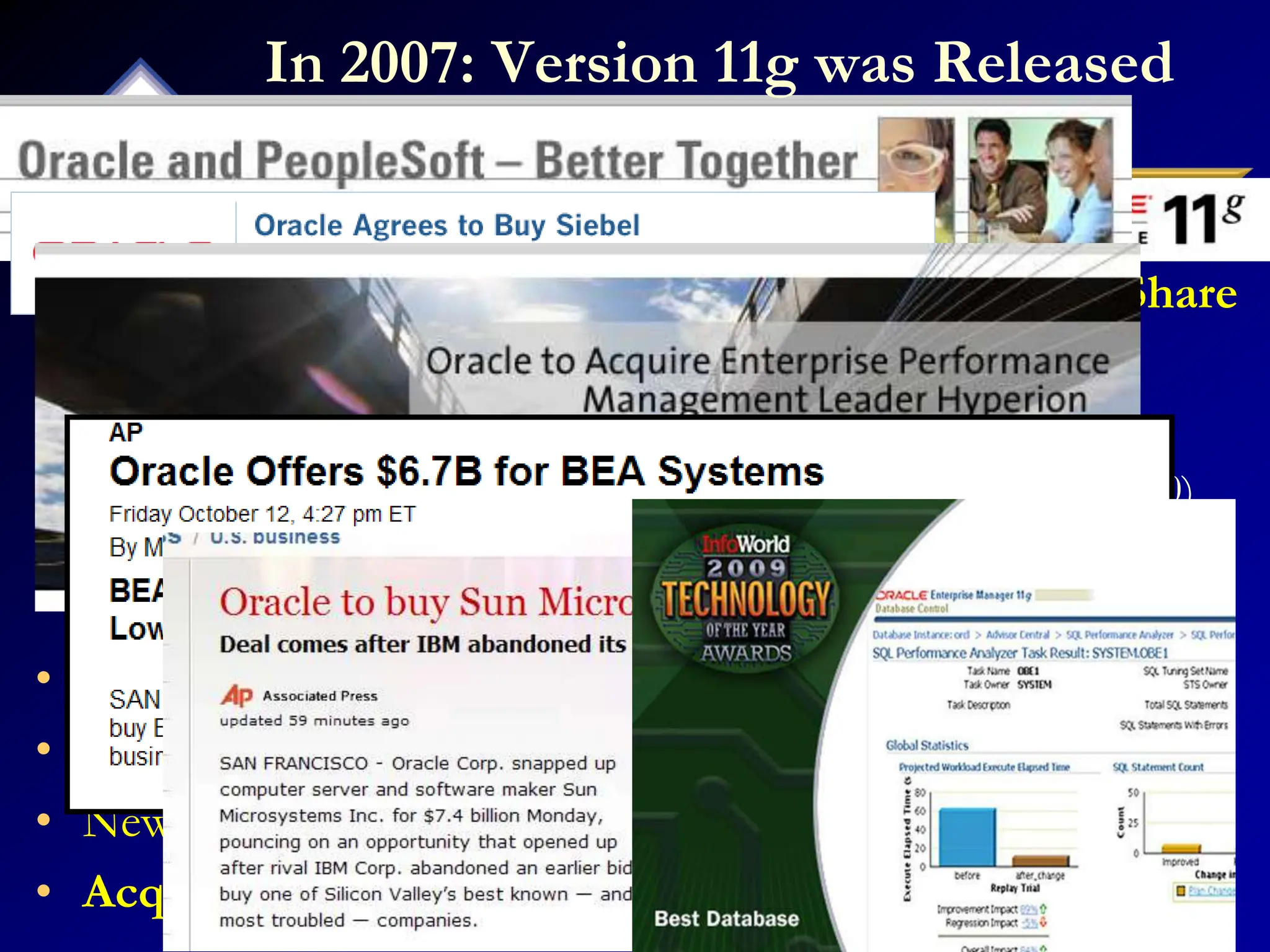 24
• The Focus has been Acquisitions and gaining Market Share
• Oracle 11g Database extends an already large lead
– Easier to Manage the Database – Better Grid Control
– Self Tuning through a variety of tools (Makes 1 person equal 10)
– Better Security/Encryption & Recoverability via Flashback
– Better Testing Tools (Real Application Testing)
• Andy Mendelsohn is still the database lead
• Releases of Siebel, PeopleSoft, JDE and Oracle12 Apps.
• New Oracle BI Suite & Acquisition of Hyperion
• Acquisition of BEA, SUN
In 2007: Version 11g was Released
 