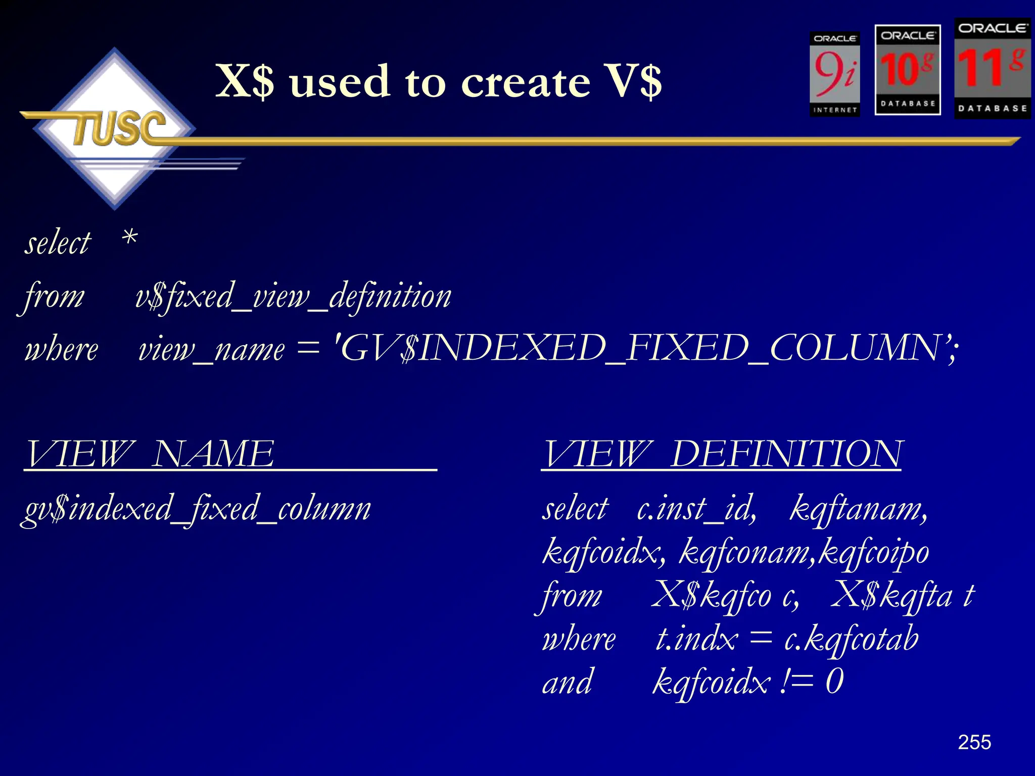 255
X$ used to create V$
select *
from v$fixed_view_definition
where view_name = 'GV$INDEXED_FIXED_COLUMN‟;
VIEW_NAME VIEW_DEFINITION
gv$indexed_fixed_column select c.inst_id, kqftanam,
kqfcoidx, kqfconam,kqfcoipo
from X$kqfco c, X$kqfta t
where t.indx = c.kqfcotab
and kqfcoidx != 0
 
