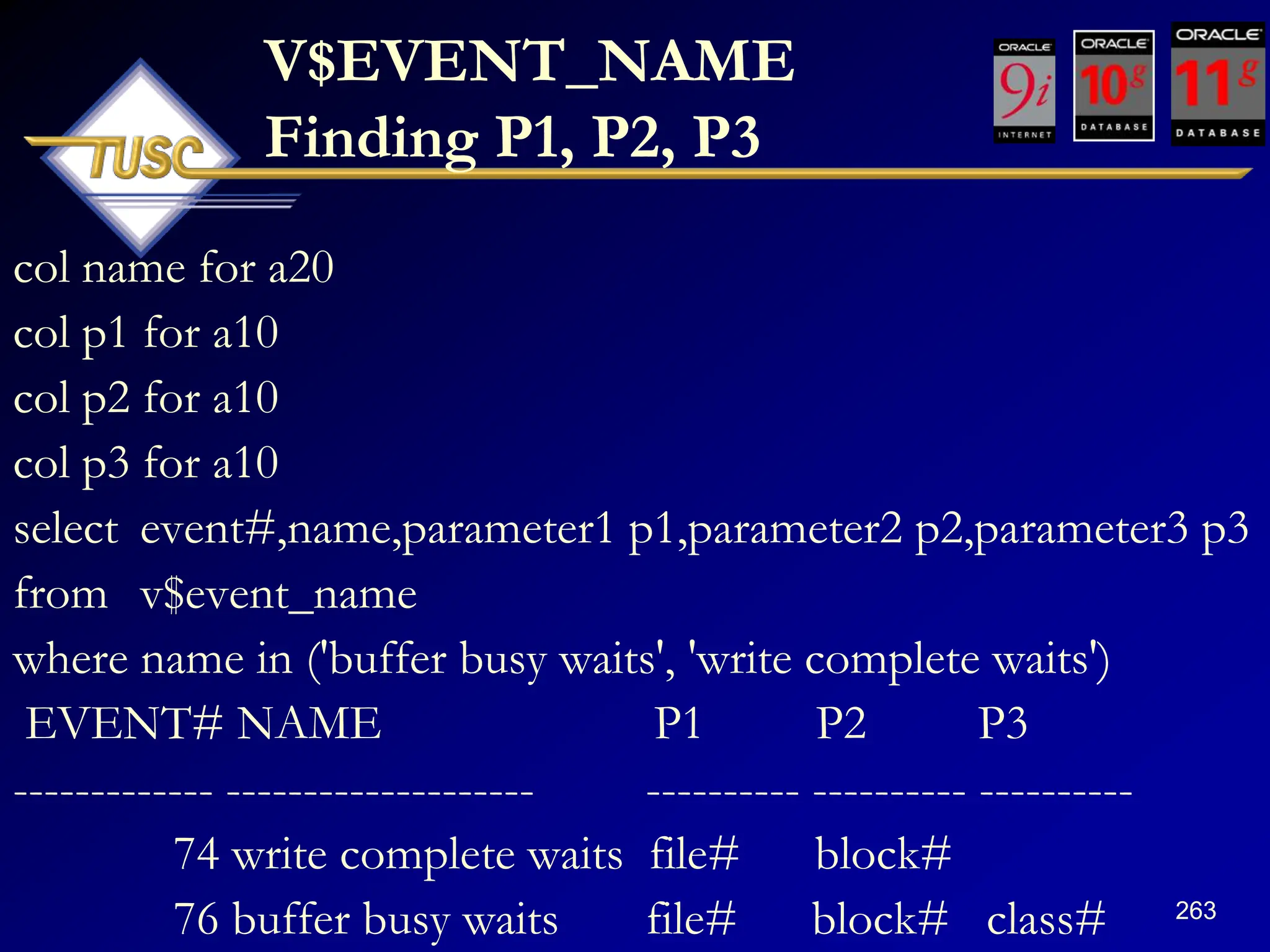 263
V$EVENT_NAME
Finding P1, P2, P3
col name for a20
col p1 for a10
col p2 for a10
col p3 for a10
select event#,name,parameter1 p1,parameter2 p2,parameter3 p3
from v$event_name
where name in ('buffer busy waits', 'write complete waits')
EVENT# NAME P1 P2 P3
------------- -------------------- ---------- ---------- ----------
74 write complete waits file# block#
76 buffer busy waits file# block# class#
 