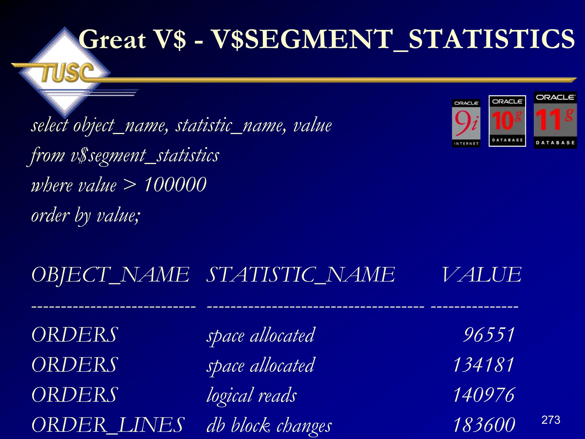 273
Great V$ - V$SEGMENT_STATISTICS
select object_name, statistic_name, value
from v$segment_statistics
where value > 100000
order by value;
OBJECT_NAME STATISTIC_NAME VALUE
---------------------------- ------------------------------------- ---------------
ORDERS space allocated 96551
ORDERS space allocated 134181
ORDERS logical reads 140976
ORDER_LINES db block changes 183600
 
